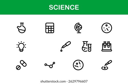 Icon-Paket zum Thema Wissenschaft. Saubere, vektorbasierte Designs für Bildungs- und Wissenschaftsprojekte