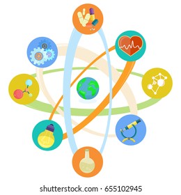 Science themed icons in atomic model. Molecule scheme, microscope and flask, yellow lamp, iron gears, pills, heart with cardiogram vector illustrations.