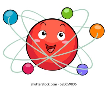 Science Themed Illustration Featuring a Colorful Atomic Model Mascot Composed of Electrons, Protons, Neutrons, and Orbits