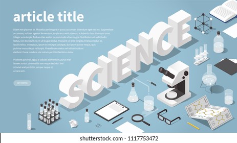 Science themed landing page vector isometric illustration. Big word science surrounded with chemical laboratory objects - microscope, test tubes, flasks, beaker, glasses, book, magnifier, tablet.