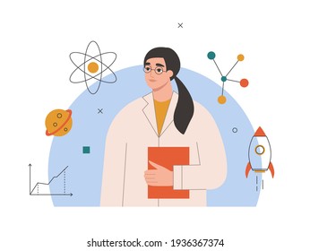 Science, theoretical or practical physics, astronomy concept. Woman scientist, female professor in uniform studying atoms and space. Scientific research and innovation. Isolated vector illustration