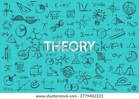 Science theory background with hand-drawn academic doodles. Math formulas and physics icons banner for online education, university webinar, or student study guide poster.
