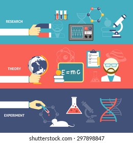 Science theory research and experiment hand with devices flat color horizontal banner set isolated vector illustration