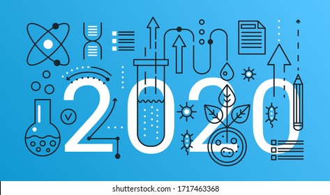 Ilustración del vector de línea delgada de la ciencia para el diseño de interfaz de sitio web, abstract plano 2020 palabra con equipo o productos de investigación en biotecnología o química, concepto científico moderno de investigación