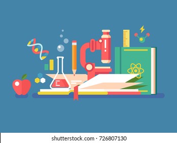 Science tools for education. Book study knowledge and microscope for research and learning, vector illustration