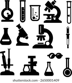 Science Tools Silhouettes Set 14 Laboratory Equipment Vector Icons