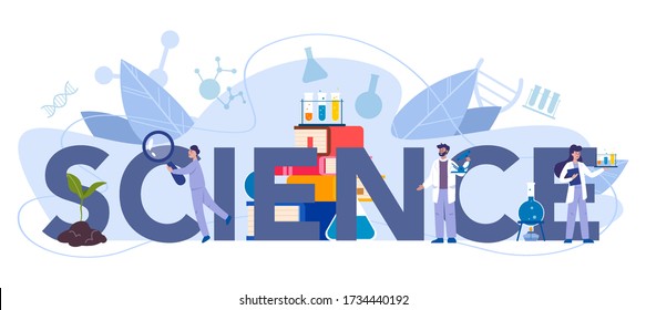 Science typographic header concept. Idea of education and innovation. Biology, chemistry, medicine and other subjects systematic study. Isolated flat illustration