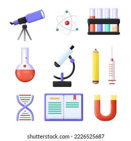 Conjunto de investigación de laboratorio de iconos del vector de ciencia 3d