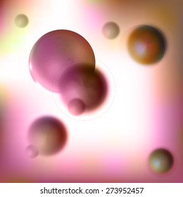 Science vector background with abstract purple spheres. Random balls, air perspective. 