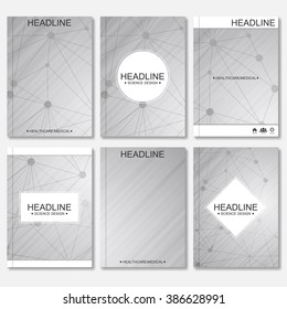 Science vector background. Modern vector templates for brochure, flyer, cover magazine or report in A4 size. Molecule structure and communication on the gray background. 