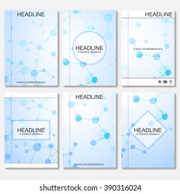 Science vector background. Modern vector templates for brochure, flyer, cover magazine or report in A4 size. Molecule structure and communication on the blue background.