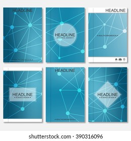 Science vector background. Modern vector templates for brochure, flyer, cover magazine or report in A4 size. Molecule structure and communication on the blue background.
