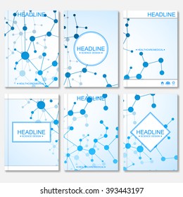 Science vector background. Modern vector templates for brochure, flyer, cover magazine or report in A4 size. Molecule structure and communication on the blue background.