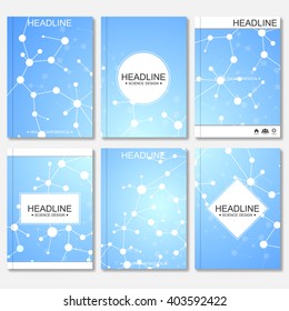 Science vector background. Modern vector templates for brochure, flyer, cover magazine or report in A4 size. Molecule structure and communication on the blue background.