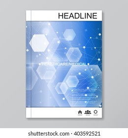 Science vector background. Modern vector templates for brochure, flyer, cover magazine or report in A4 size. Molecule structure and communication on the blue background.