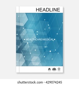 Science vector background. Modern vector templates for brochure, flyer, cover magazine or report in A4 size. Molecule structure and communication on the blue background.