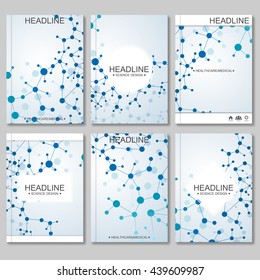 Science vector background. Modern vector templates for brochure, flyer, cover magazine or report in A4 size. Molecule structure and communication on the blue background..