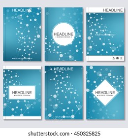 Science vector background. Modern vector templates for brochure, flyer, cover magazine or report in A4 size. Molecule structure and communication on the blue background..