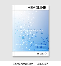 Science vector background. Modern vector templates for brochure, flyer, cover magazine or report in A4 size. Molecule structure and communication on the blue background..