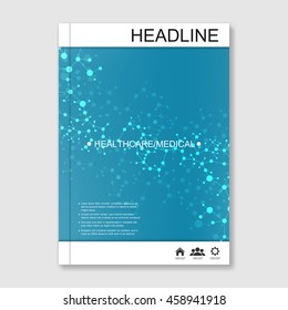 Science vector background. Modern vector templates for brochure, flyer, cover magazine or report in A4 size. Molecule structure and communication on the blue background..
