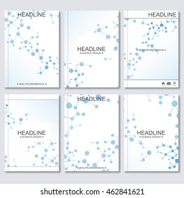 Science vector background. Modern vector templates for brochure, flyer, cover magazine or report in A4 size. Molecule structure and communication on the blue background..