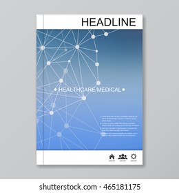 Science vector background. Modern vector templates for brochure, flyer, cover magazine or report in A4 size. Molecule structure and communication on the blue background..