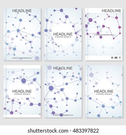 Science vector background. Modern vector templates for brochure, flyer, cover magazine or report in A4 size. Molecule structure and communication on the blue background..