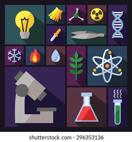 Science vector background with sectors. Chemistry, Physics and Biology. Modern flat design.