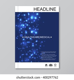 Science vector background.Modern vector templates for brochure, business flyer, cover magazine or report in A4 size. Molecule structure and communication on the blue background.