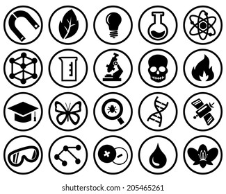 Science vector black icons in a circle on a white background