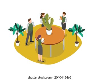 Science vector concept. Group of high school students doing research with cactus while studying together in the classroom
