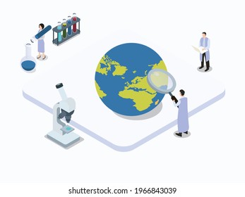 Science vector concept. Group of scientist doing research with globe earth while holding magnifying glass and tubes