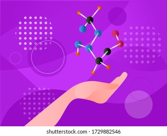 Concepto vectorial de la ciencia con mano que muestra los lazos moléculas sobre fondo futurista
