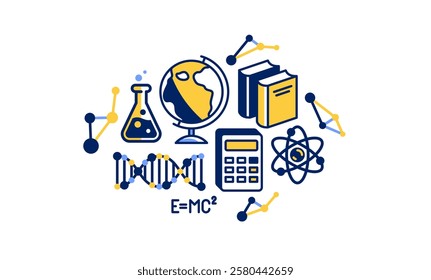 Science vector detailed icon, molecules and atoms laboratory experiment, book university study, flask and tube experiment.