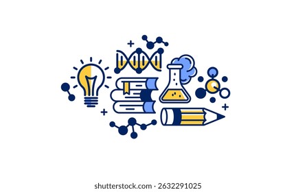 Science vector detailed icon, molecules and atoms laboratory experiment, book university study, flask and tube experiment.