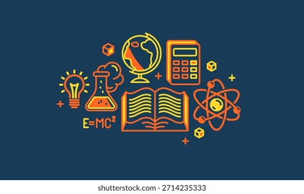 Ícone detalhado do vetor da ciência, educação escolar e universitária, estudo científico e pesquisa, física e química.