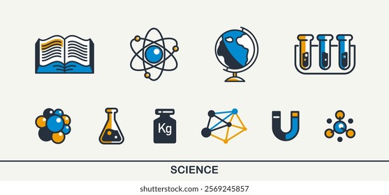 Science vector detailed icons set, school and university education bundle, scientific study and research, physics and chemistry.