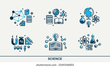 Science vector detailed icons set, molecules and atoms laboratory experiment, book university study, flask and tube experiment.