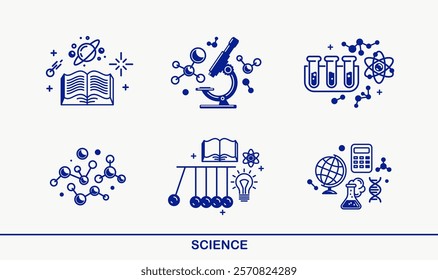 Science vector detailed icons set, molecules and atoms laboratory experiment, book university study, flask and tube experiment.