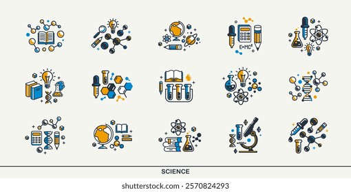 Science vector detailed icons set, molecules and atoms laboratory experiment, book university study, flask and tube experiment.