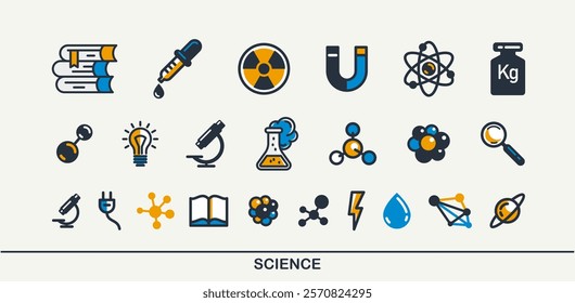 Science vector detailed icons set, physics and chemistry bundle, mathematics and geography study education.