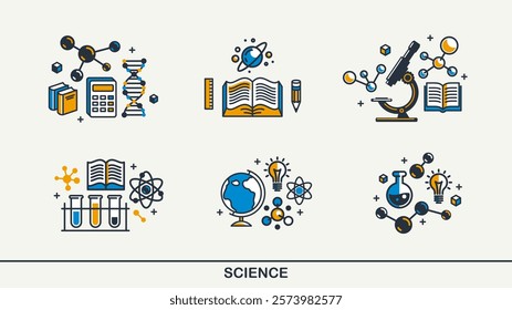 Science vector detailed icons set, molecules and atoms laboratory experiment, book university study, flask and tube experiment.