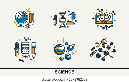 Science vector detailed icons set, molecules and atoms laboratory experiment, book university study, flask and tube experiment.