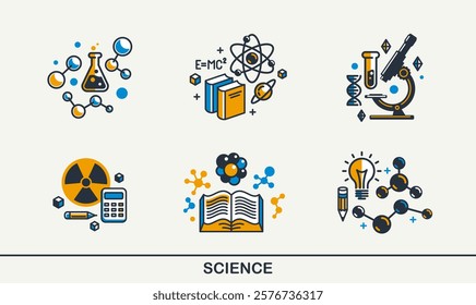 Science vector detailed icons set, physics and chemistry bundle, mathematics and geography study education.