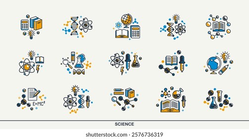 Science vector detailed icons set, physics and chemistry bundle, mathematics and geography study education.