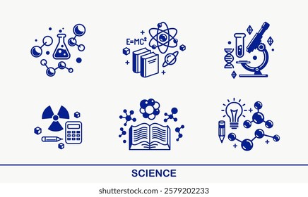 Science vector detailed icons set, school and university education bundle, scientific study and research, physics and chemistry.