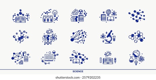 Science vector detailed icons set, physics and chemistry bundle, mathematics and geography study education.
