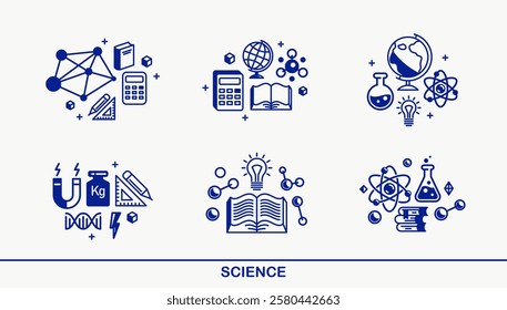 Science vector detailed icons set, molecules and atoms laboratory experiment, book university study, flask and tube experiment.