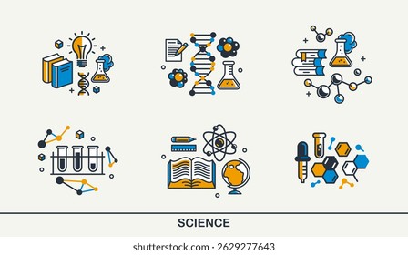 Science vector detailed icons set, molecules and atoms laboratory experiment, book university study, flask and tube experiment.