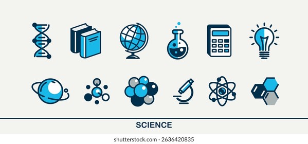 Science vector detailed icons set, school and university education bundle, scientific study and research, physics and chemistry.